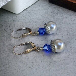 Blue Swarovski Crystal and Pearl Earrings